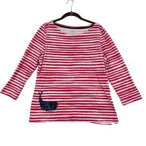 Talbots Boat Neck Tee Shirt Top Size L Red Stripe Nautical Sequin Whale Cotton